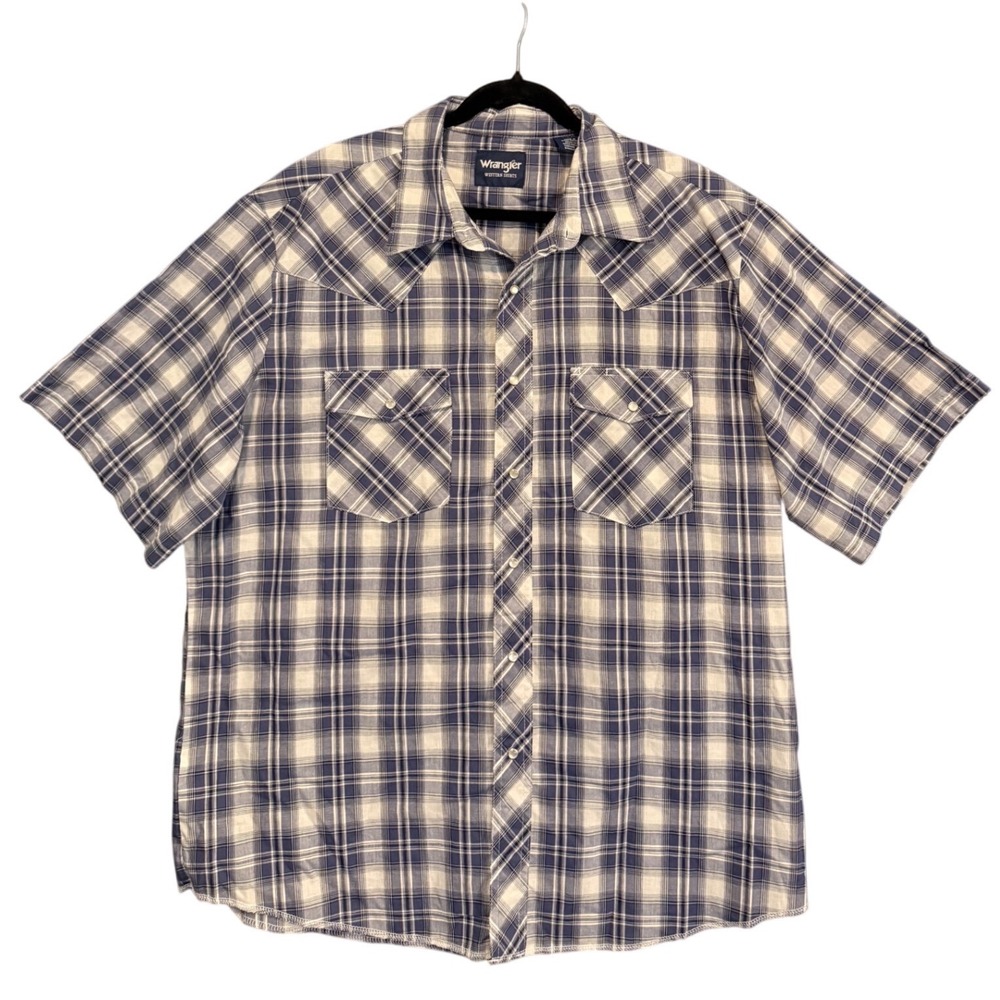 Wrangler Western Shirt Mens XL Blue White Plaid Pearl Snap Short Sleeve Retro